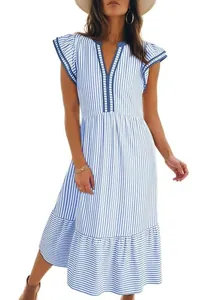 Elegant blue and white vertical striped midi dress featuring ruffled sleeves and a V-neckline.