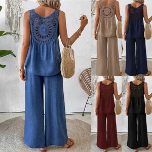 Women Polyester Casual Two Piece Set Hollow-Out Back Embroidered Sleeveless Top And Wide Leg Pants Fashion Vacation Outfit