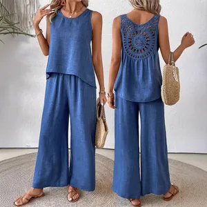 Chic solid blue sleeveless top and wide-leg pants set with intricate back crochet detail