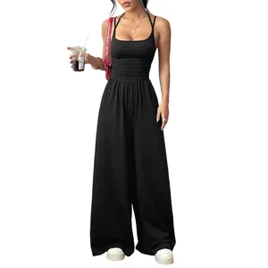 Sleeveless black wide-leg jumpsuit for women with spaghetti straps and loose fit.