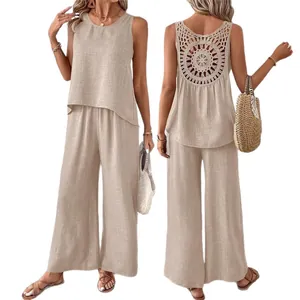 Stylish two-piece beige set with a sleeveless top featuring crochet back and wide-leg pants