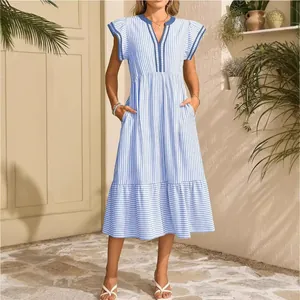 Women Casual Striped V Neck Flutter Sleeve Midi Dress Contrast Trim Ruffle Hem Summer Beach Fashion Sun Dress For Ladies