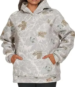 Front view of women's oversized camo hoodie with maple leaf print and pocket