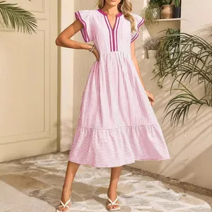 Women's striped midi dress with double ruffle sleeves and contrast V-neckline.