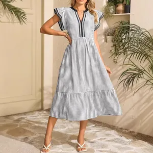 Elegant blue and white striped V-neck dress with stylish ruffle flutter sleeves