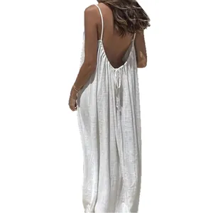 Elegantes weißes rückenfreies Maxikleid für Damen mit Spaghettiträgern und lockerer Passform