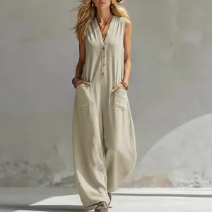 Eleganter ärmelloser Jumpsuit aus Leinen-Baumwolle mit Knöpfen und weitem Bein