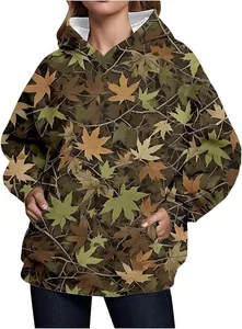 Detail of oversized women's hoodie with maple leaf camouflage print and front pocket