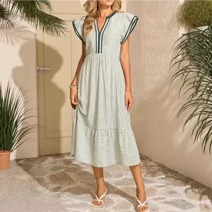Women's chic green striped V-neck midi dress with double ruffle short sleeves