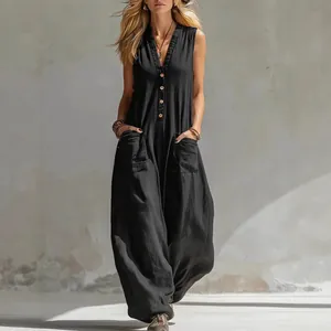 Eleganter schwarzer ärmelloser Jumpsuit aus Leinen mit Doppeltaschen und weitem Bein