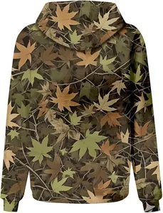 Back view detail of oversized women's hoodie with autumn maple leaf camouflage print