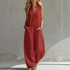 Ärmelloser legerer Jumpsuit aus Leinen-Baumwolle mit V-Ausschnitt und Taschen in Rot