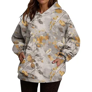 Women's oversized hoodie with stylish autumn maple leaf print and functional front pocket