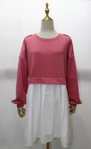 Stylish women's pink and white fake two-piece sweatshirt dress with pleated skirt
