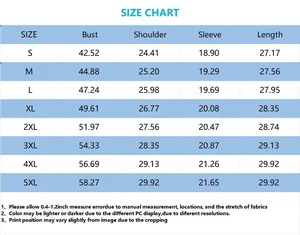 Guide des tailles pour sweat à capuche oversize imprimé, mesures de S à 5XL en pouces.