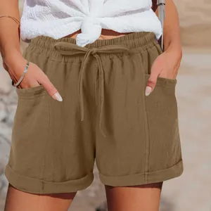 Eleganti pantaloncini a vita alta in cotone e lino con coulisse e tasche per donna