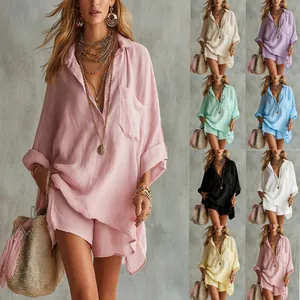 Detailed view of women's cotton linen shirt and shorts beach set in multiple colors