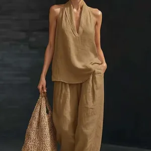 Women Sleeveless Halterneck Top And Wide Leg Pants Top And Bottom Set Casual Loose Polyester Stitching Co-ord Suit For Summer