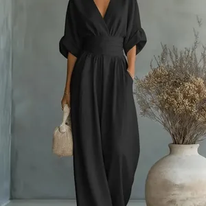 Elegant black V-neck cinched waist jumpsuit for women summer fashion collection style