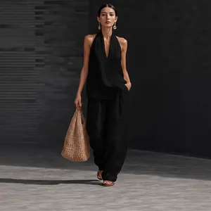 Women's chic black sleeveless halter top and loose wide-leg pants summer two-piece set