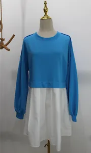 Elegant blue sweatshirt layered with white pleated skirt two-piece dress detail view