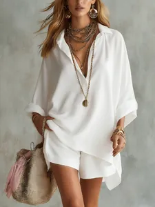 Stylish white cotton linen shirt and shorts set for women summer beachwear