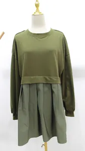 Front view of an olive green fake two-piece sweatshirt dress on a white mannequin
