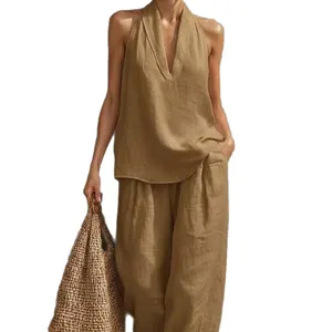 Women's sleeveless halter top and loose wide-leg pants two-piece summer casual set