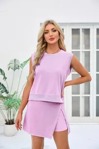 Chic lavender two-piece cotton casual suit for women with sleeveless top and skort