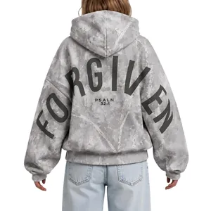 Detailed back view of women's oversized grey marble hoodie with FORGIVEN print.