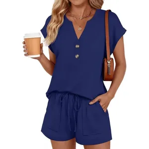 Ensemble deux pièces femme col V à boutons et short à cordon de serrage bleu marine