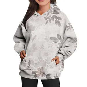 Front view of oversized hoodie with vintage floral leaf print and kangaroo pocket