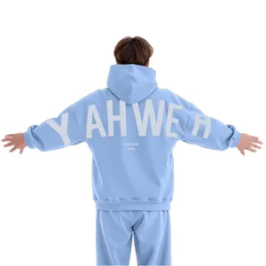 Vue arrière d'un sweat à capuche bleu clair avec imprimé YAHWEH blanc et texte Exodus 14:14