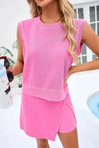 Detailed view of women's pink sleeveless casual set in breathable cotton for summer