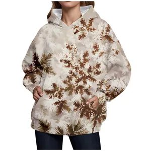 Women's oversized hoodie featuring a brown maple leaf print and kangaroo pocket.