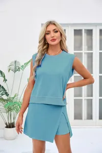 Stylish blue two-piece casual set featuring a sleeveless top and matching wrap shorts