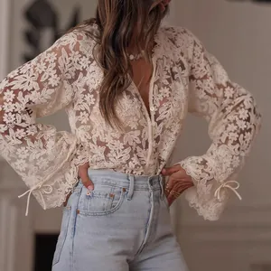 Women's Vintage Lace Blouse Elegant Hollow Out Floral Embroidery Long Sleeve Top Casual Loose Flare Sleeve Polyester Shirts