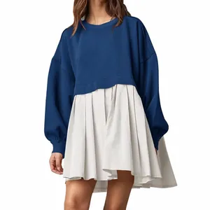 Detailed view of women's fake two-piece sweatshirt dress in navy blue and white