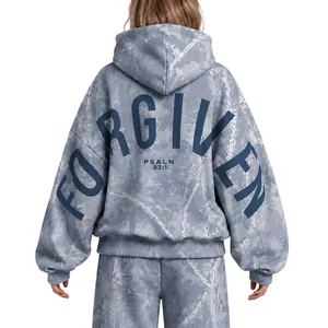 Women's blue marble print oversized hoodie with Forgiven back graphic print design