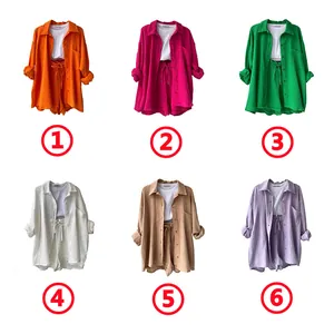 Detailed overview of crinkled shirt and shorts two-piece sets in six vibrant colors
