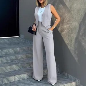 Femmes Gilet Costume Sans Manches Et Pantalon Jambes Larges Tenue Deux Pièces Couleur Unie Business Casual Top Et Bottom Costume Mode