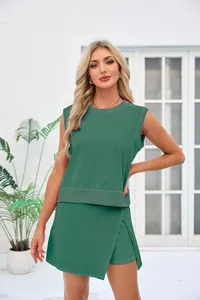 Women's chic green two-piece casual set featuring a sleeveless top and skort