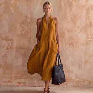 Abito midi chic in lino stile retrò con scollo a V e tasche in giallo senape