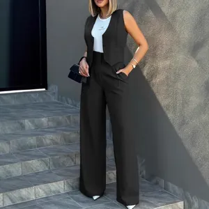 Ensemble gilet noir et pantalon large taille haute pour femmes style bureau chic