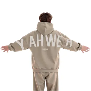 Vue arrière détaillée d'un sweat à capuche kaki oversize avec imprimé blanc YAHWEH