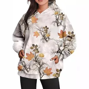 Oversized women's hoodie with autumn maple leaf and branch print featuring a kangaroo pocket