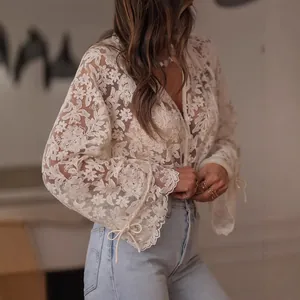 Elegant white hollow floral lace shirt for women with stylish drawstring flare sleeves