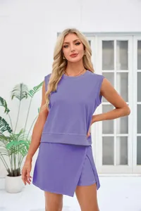 Stylish two-piece lavender sleeveless top and wrap skirt casual outfit for women