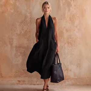 Elegante abito midi in lino nero con scollo a V e tasche per le vacanze estive e il tempo libero