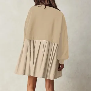 Back view of women's khaki sweatshirt dress featuring a stylish pleated hem detail
